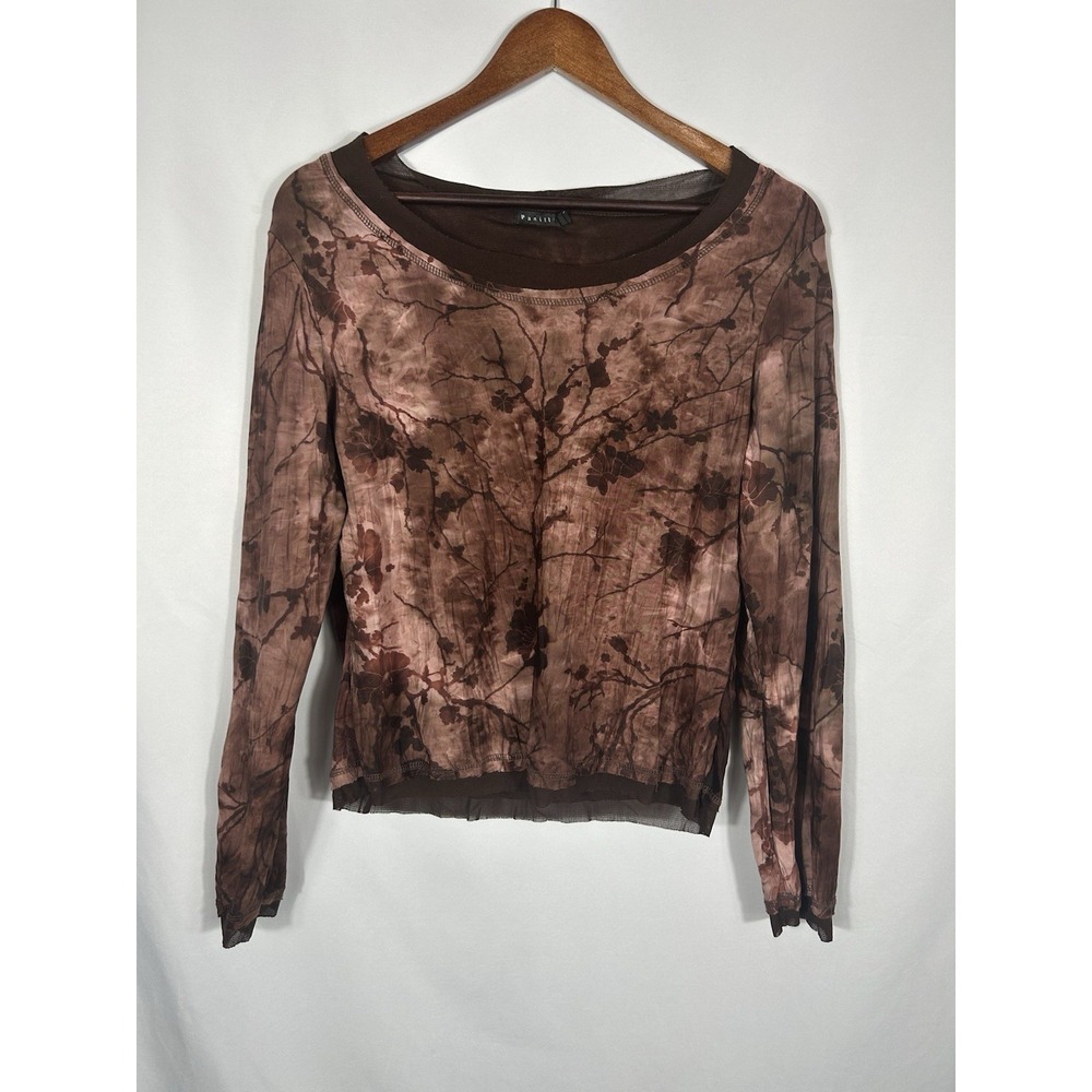 VTG Panilli Velvet Burnout Top Nylon Mesh Brown Boho Forest Fairy Grunge Size L